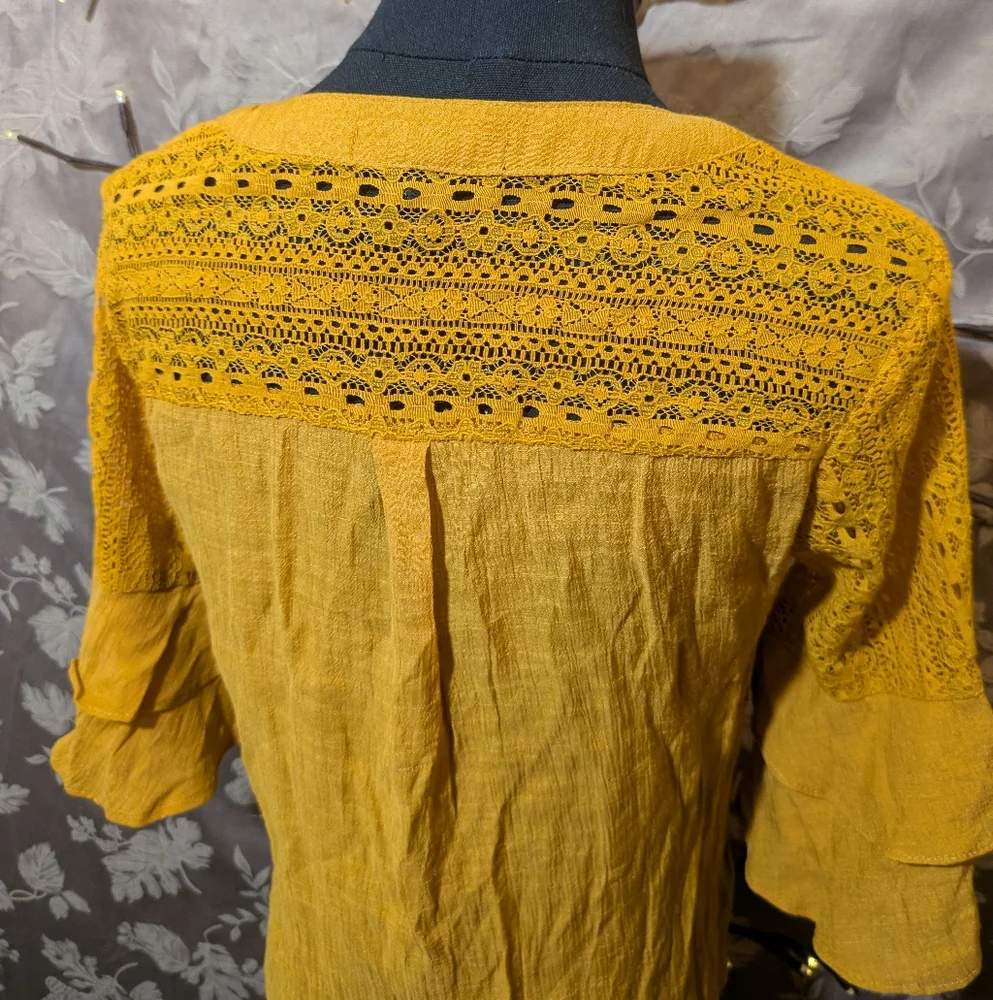 Always Indigo Ruffle 1/2 Sleeve Crochet Button Down, Size S, NWT! - Picture 4 of 7